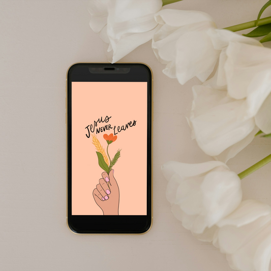 📱 Christian Phone Wallpaper – “Jesus Never Leaves” 🌿